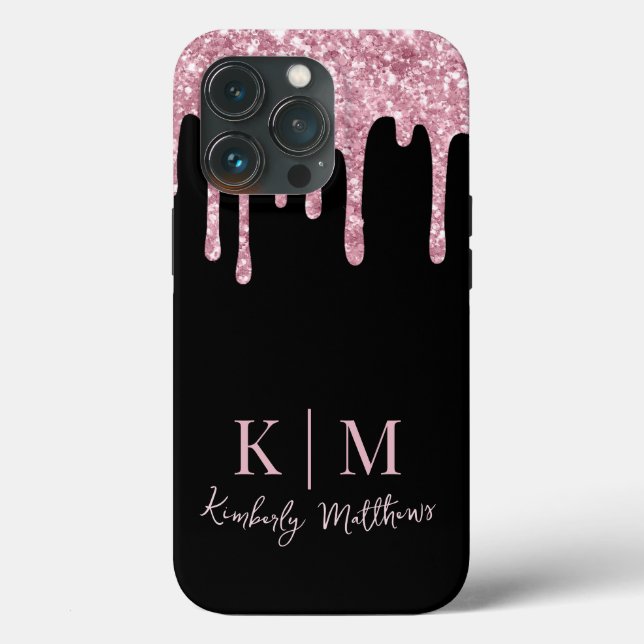 Pink Glitter Monogram Initials on Black Case-Mate iPhone Case (Back)