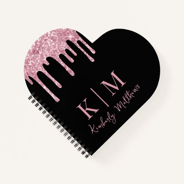 Pink Glitter Monogram Initials on Black Notebook (Front)