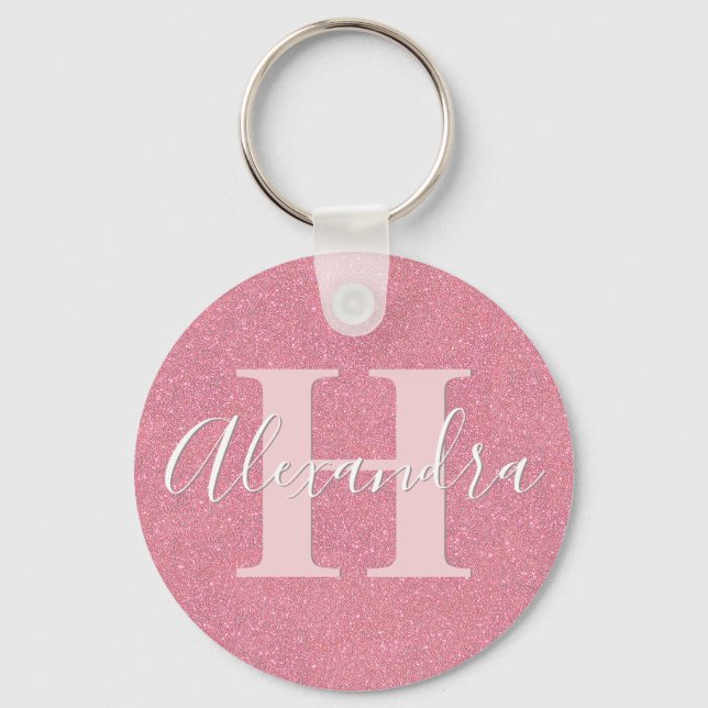Pink glitter monogram name key ring (Front)