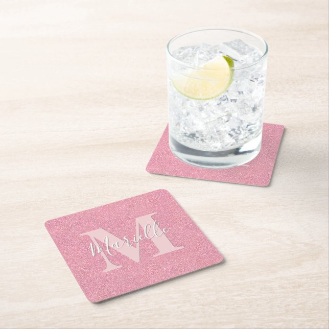 Pink glitter monogram name square paper coaster (Insitu)