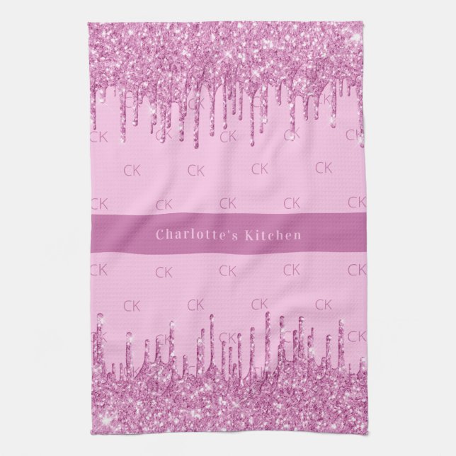 Pink glitter monogram text tea towel (Vertical)