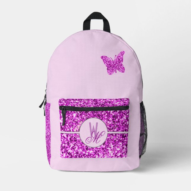 Pink glitter Monogrammed with Butterfly Printed Backpack (Front)