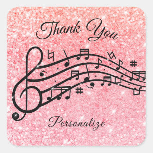 Pink Glitter Music Thank You Personalised Design Square Sticker