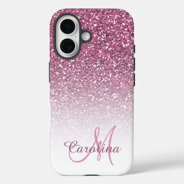 Pink Glitter, Name and Monogram, Girly Case-Mate iPhone Case (Back)
