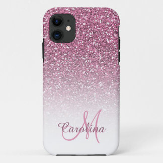 Pink Glitter, Name and Monogram, Girly iPhone 11 Case