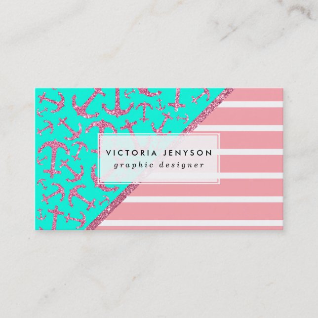 Pink Glitter Nautical Anchors Turquoise Stripes Business Card (Front)