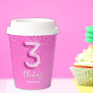 Pink Glitter Number 3 Balloon Birthday Party Paper Cups