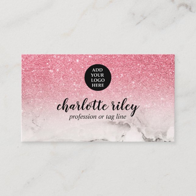 Pink Glitter Ombre Cursive Add your Logo Glam Business Card (Front)