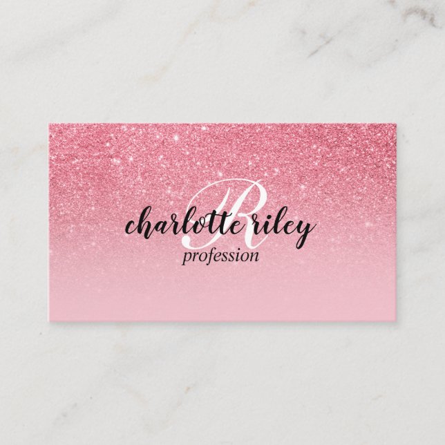 Pink Glitter Ombre Cursive Monogram Salon Makeup Business Card (Front)
