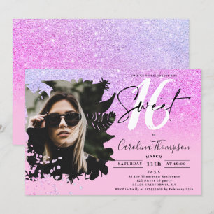 Pink glitter ombre floral purple photo Sweet 16 Invitation
