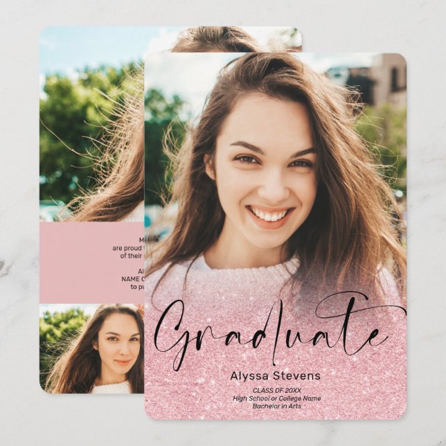 Pink glitter ombre script 4 photos graduation announcement (Front/Back)