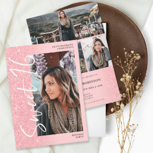 Pink glitter ombre script 4 photos Sweet 16 Invitation