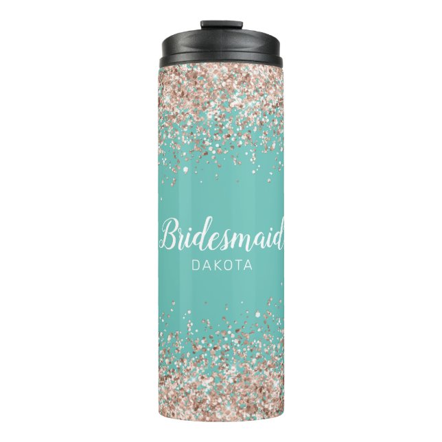Pink Glitter on Blue Green Bridesmaid Name Thermal Tumbler (Front)