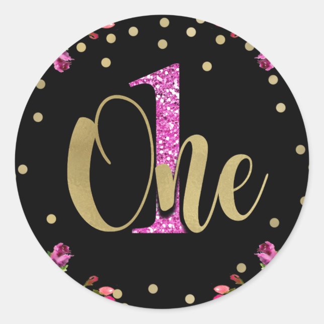 Pink Glitter ONE Black Floral 1st Birthday Party Classic Round Sticker (Front)