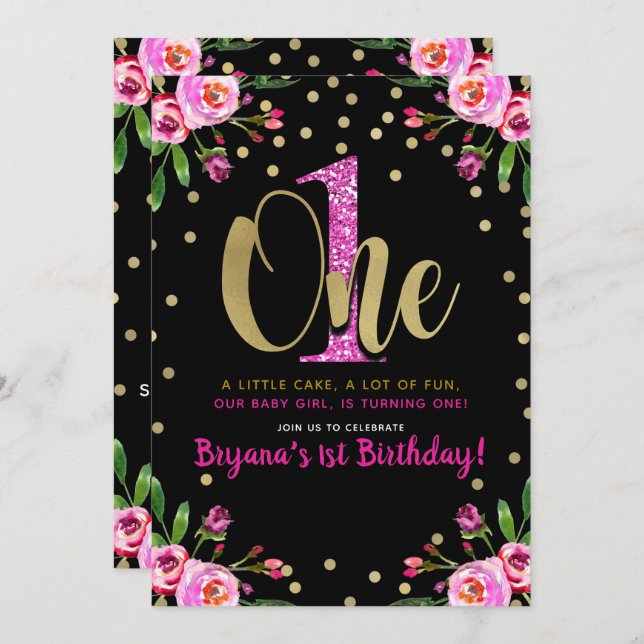 Pink Glitter ONE Black Floral 1st Birthday Party Invitation (Front/Back)