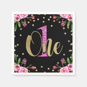 Pink Glitter ONE Black Floral 1st Birthday Party Napkin
