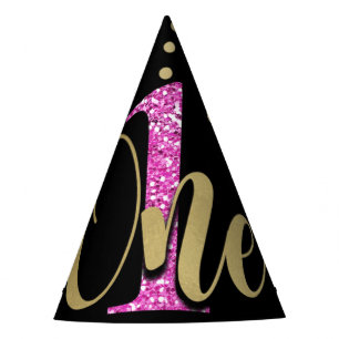 Pink Glitter ONE Black Floral 1st Birthday Party Party Hat