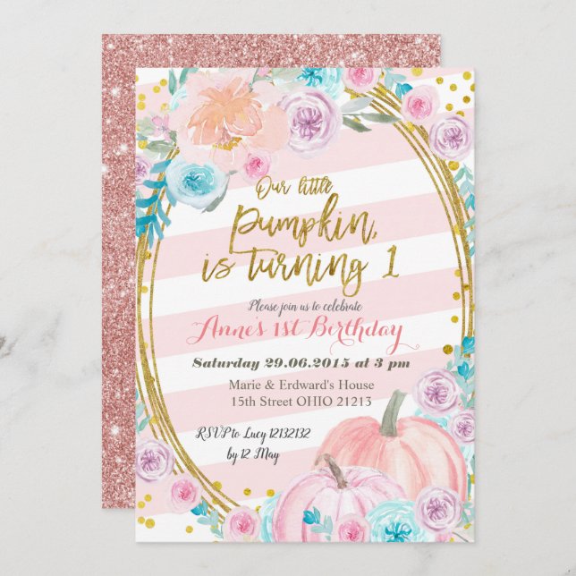 Pink Glitter Our Little Pumpkin 1st Birthday Invitation (Front/Back)