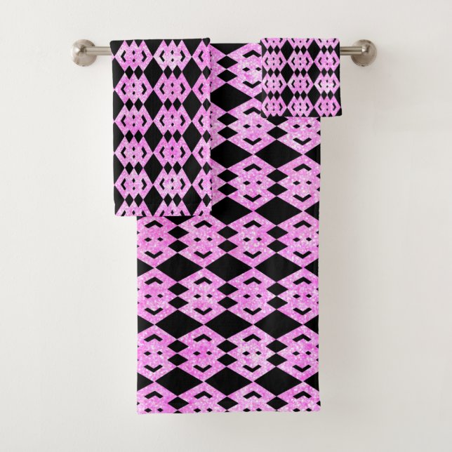 Pink Glitter Overlap Diamond Pattern Bath Towel Set (Insitu)