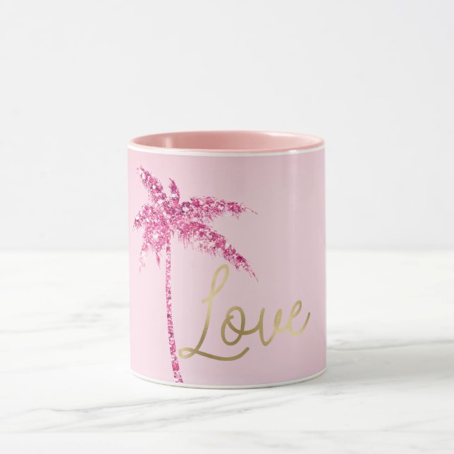 Pink Glitter Palm Tree Ombre Gold Love Mug (Center)