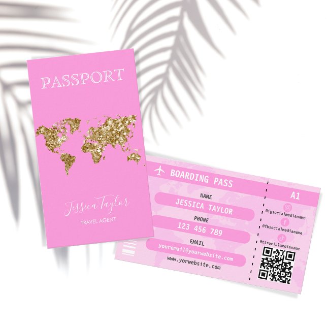 Pink Glitter Passport World Map Boarding Pass Business Card (Creator Uploaded)