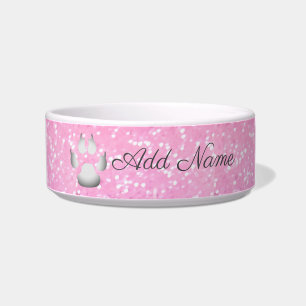 Pink Glitter Paw Print Personalised Bowl