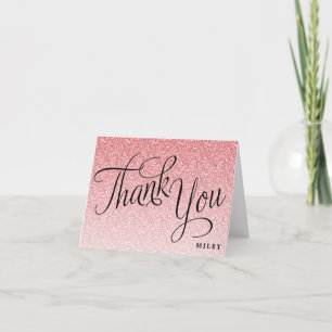 Pink Glitter Personalized Fancy Script Thank You Card