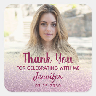 Pink Glitter Photo Birthday Thank You Square Sticker