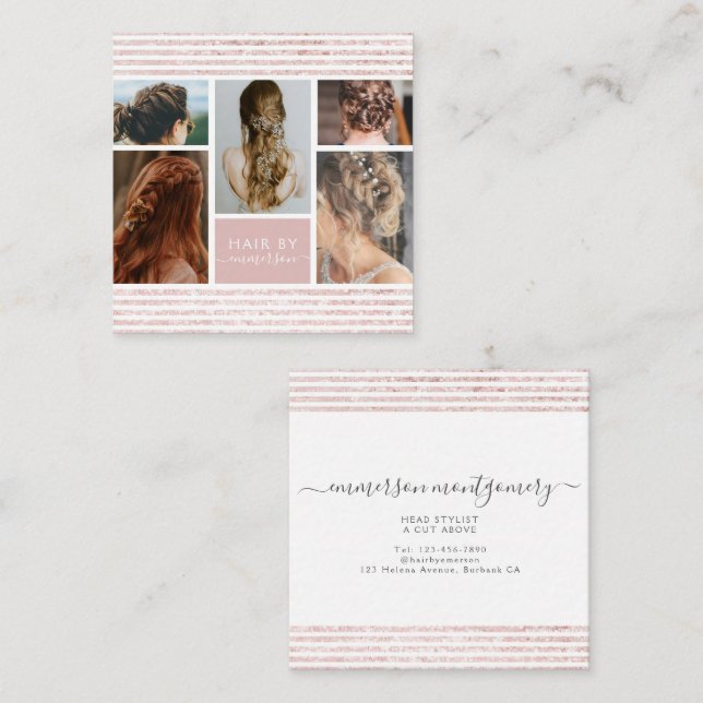 Pink Glitter Photo Collage Hair Stylist Square Business Card (Front/Back)
