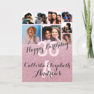 Pink Glitter Photo Collage Happy Birthday Card