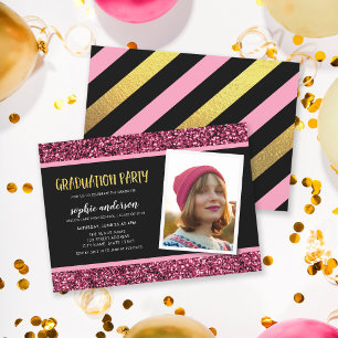 Pink Glitter Photo Graduation Party Invitation