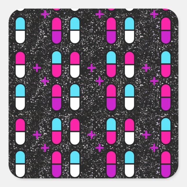 pink glitter pills square sticker (Front)