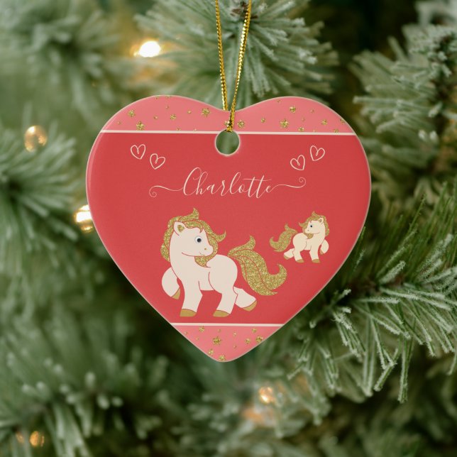 Pink Glitter Ponies w Name Little Girl Christmas Ceramic Ornament (Tree)