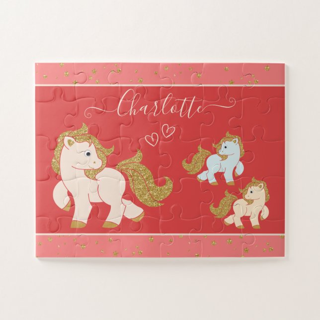 Pink Glitter Ponies with First Name Little Girl Jigsaw Puzzle (Horizontal)