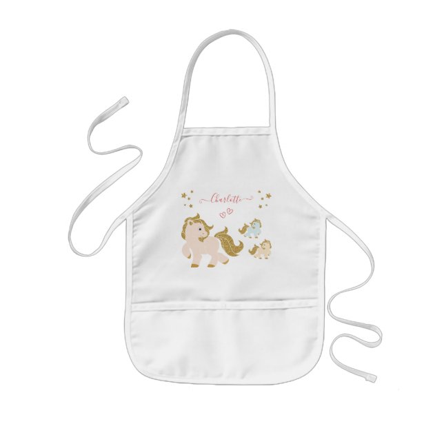 Pink Glitter Ponies with First Name Little Girl Kids Apron (Front)