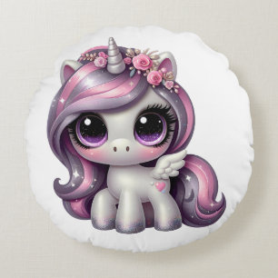 Pink glitter pony unicorn round cushion