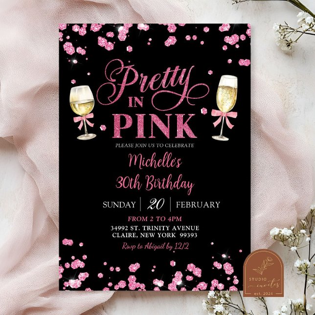 Pink Glitter Pretty in Pink adult birthday party Invitation (Creator Uploaded)