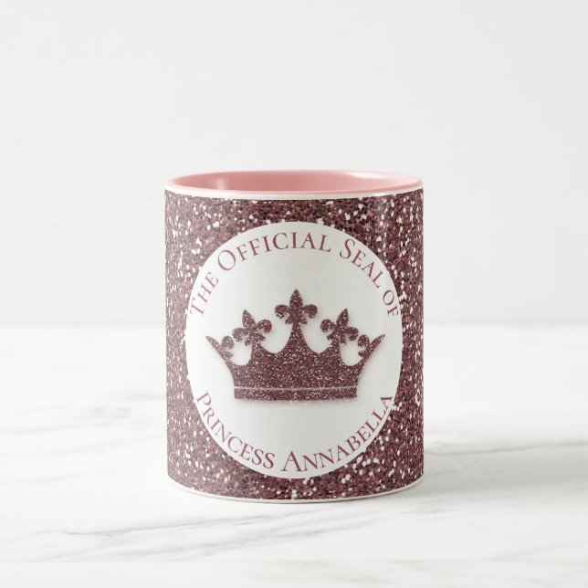 Pink Glitter Princess Crown Custom Name Two-Tone Coffee Mug (Center)