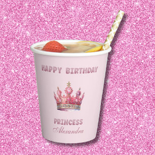 Pink Glitter Princess Crown Fairytale Birthday Paper Cups