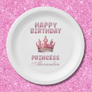 Pink Glitter Princess Crown Fairytale Birthday Paper Plate