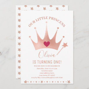 Pink Glitter Princess Crown Watercolor Birthday  Invitation