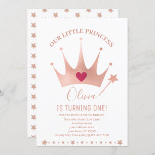 Pink Glitter Princess Crown Watercolor Birthday Invitation