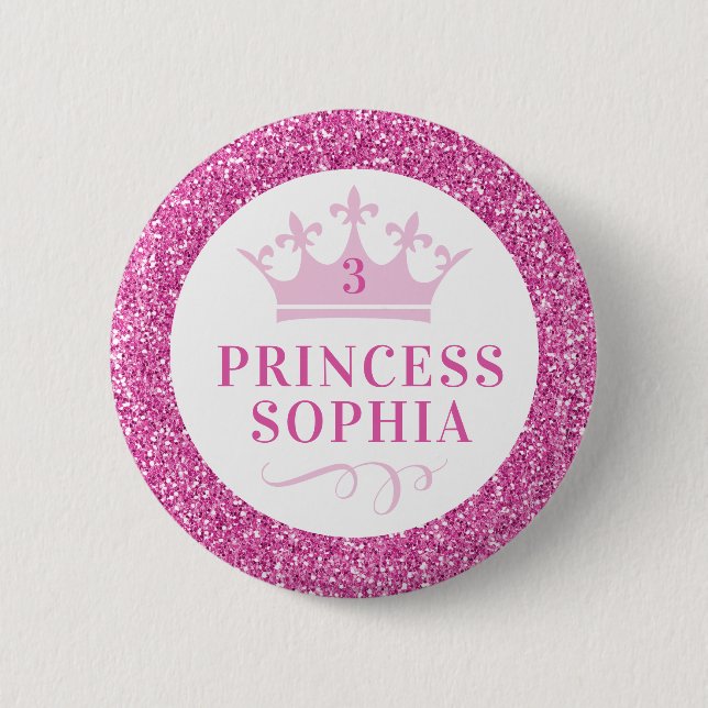 Pink Glitter Princess Personalized Birthday 6 Cm Round Badge (Front)