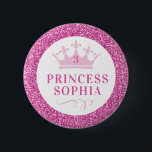 Pink Glitter Princess Personalized Birthday 6 Cm Round Badge<br><div class="desc">Sparkly bright pink princess crown button with personalized name and age for the special birthday girl. You can also create a custom party favor for each guest at the party! Coordinating princess party supplies available in the Paper Grape Designer Shop.</div>