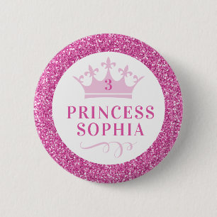 Pink Glitter Princess Personalized Birthday 6 Cm Round Badge