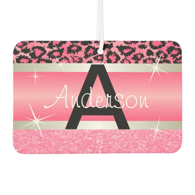 Pink Glitter Print & Leopard Animal | Personalise Car Air Freshener (Front)