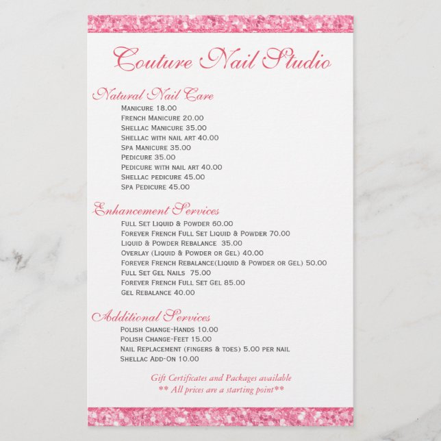 Pink Glitter Print Nails Menu List (Front)