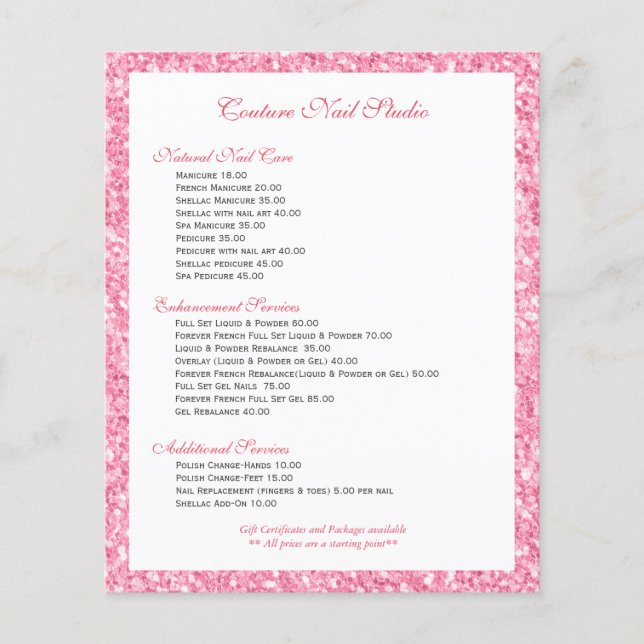 Pink Glitter Print Nails Menu List (Front)