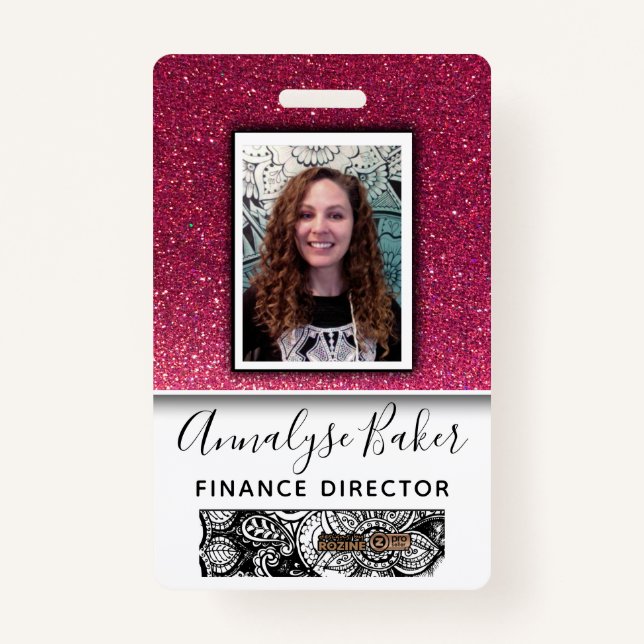 Pink Glitter Professional Employee Photo Name ID Badge (Front)