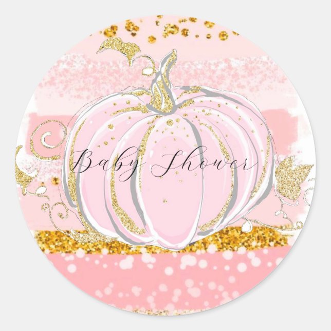Pink Glitter Pumpkin Girl Baby Shower Classic Round Sticker (Front)